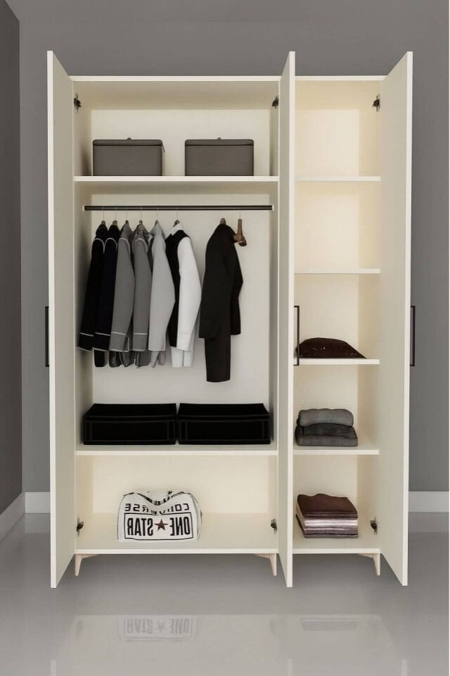 Deniz 3 Kapaklı Dolap | MDF Gövde | Ağaç Ayaklar | Şık ve Fonksiyonel Genç Odası Dolabı