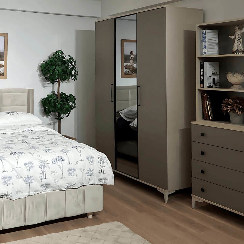 Deniz 3 Kapaklı Dolap | MDF Gövde | Ağaç Ayaklar | Şık ve Fonksiyonel Genç Odası Dolabı