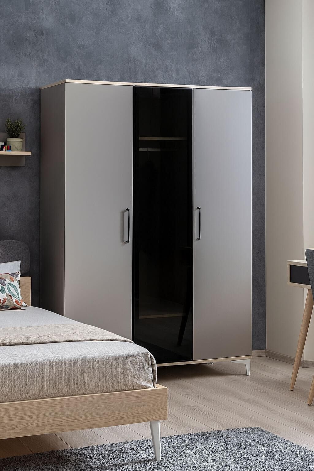 Deniz 3 Kapaklı Dolap | MDF Gövde | Ağaç Ayaklar | Şık ve Fonksiyonel Genç Odası Dolabı