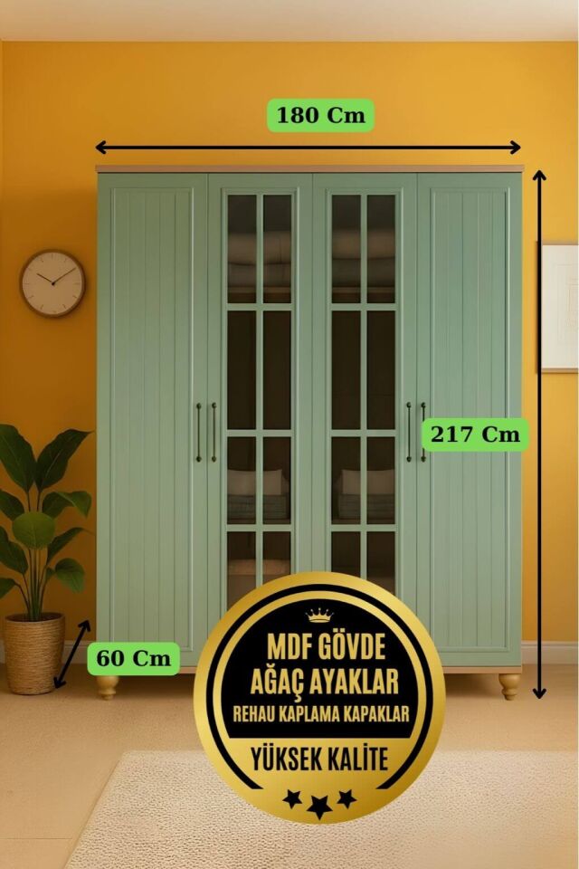 Gülsün 4 Kapaklı Dolap | MDF Gövde | Ağaç Ayaklar | Geniş ve Şık Genç Odası Dolabı
