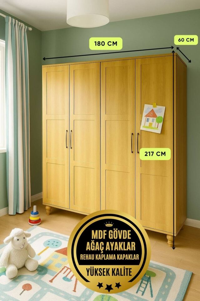 Alin Wood 4 Kapaklı Dolap | MDF Gövde & Dayanıklı Ağaç Ayaklı Tasarım