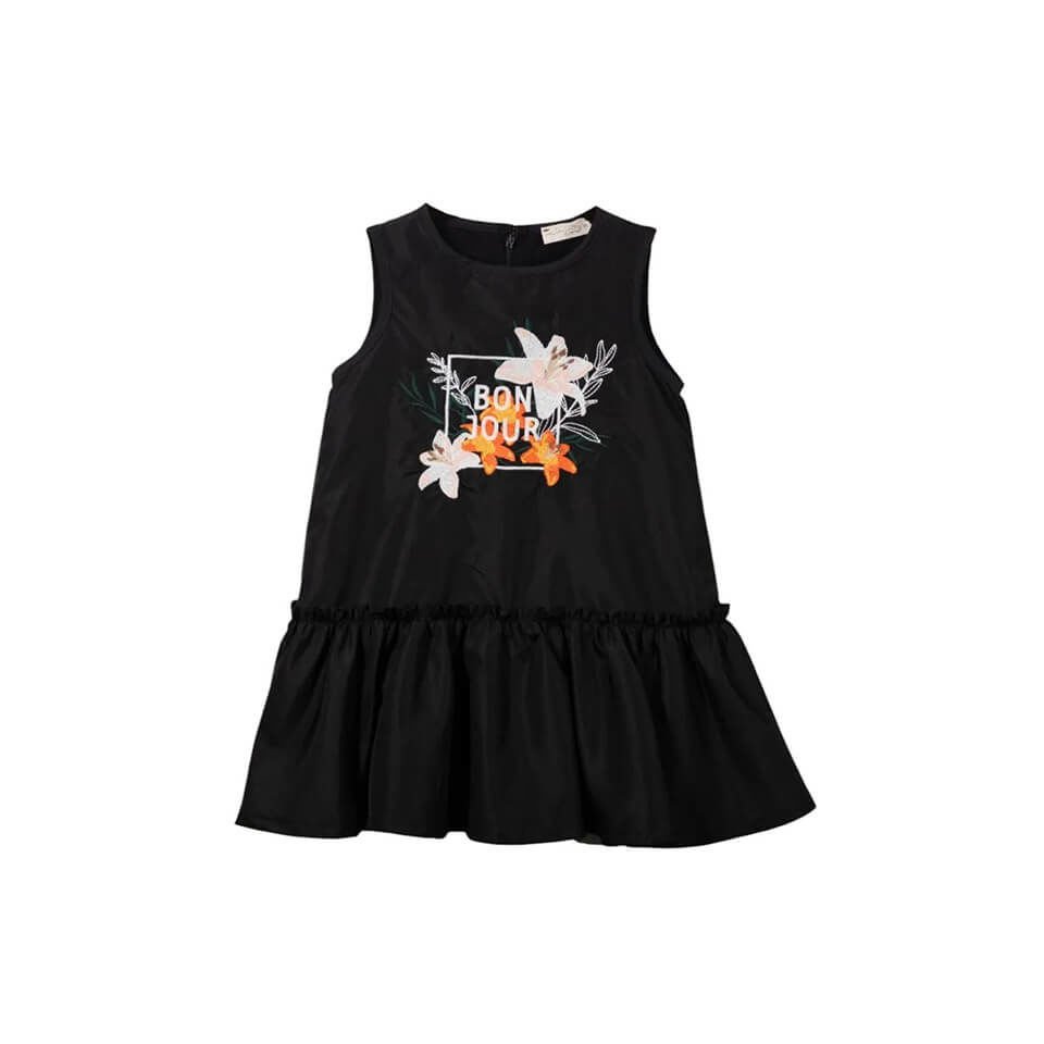Siyah Kolsuz Elbise | Kız Çocuklar İçin Çiçek Nakış Detaylı Zarif Model