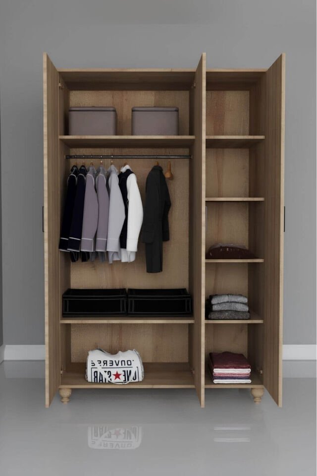 Mavi 3 Kapaklı Dolap | MDF Gövde | Ağaç Ayaklar | Şık ve Fonksiyonel Genç Odası Dolabı