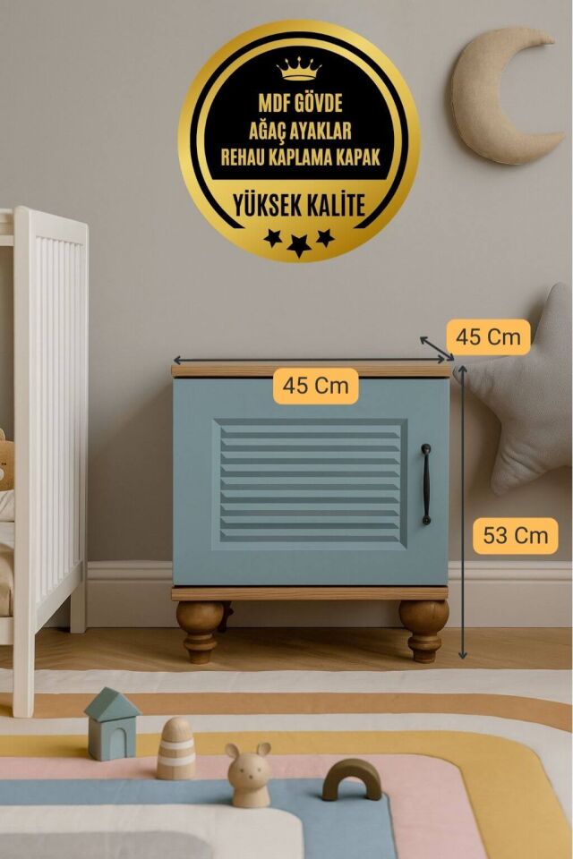 Mavi Komodin | MDF Gövde | Ağaç Ayaklar | Şık ve Fonksiyonel Genç Odası Komodini