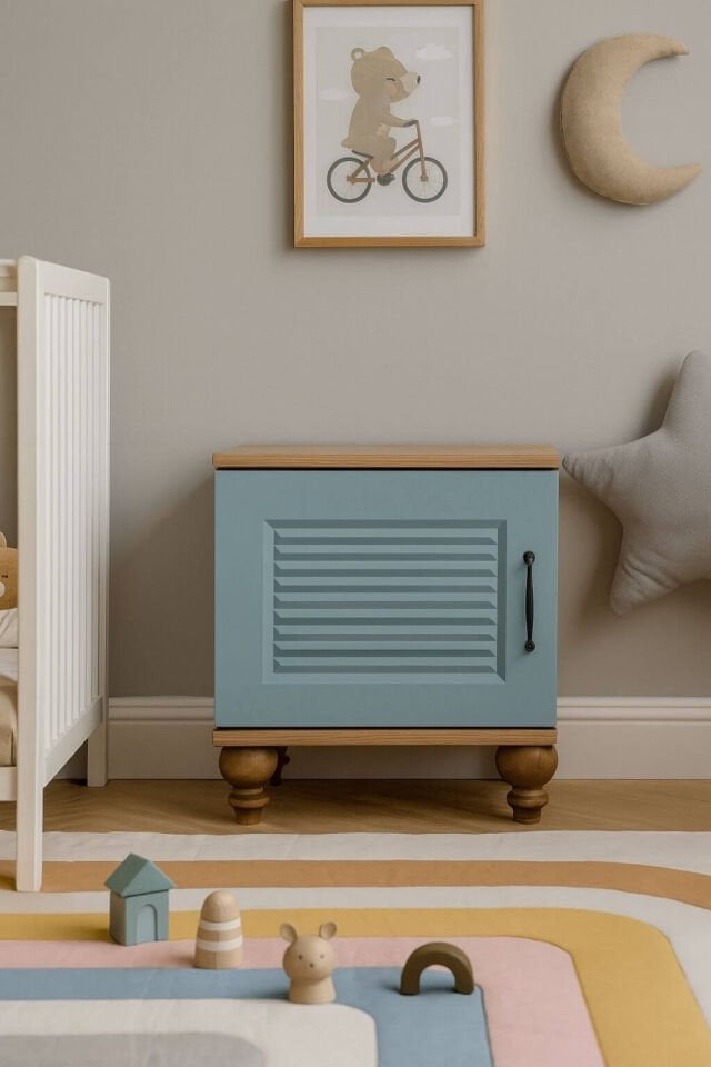 Mavi Komodin | MDF Gövde | Ağaç Ayaklar | Şık ve Fonksiyonel Genç Odası Komodini