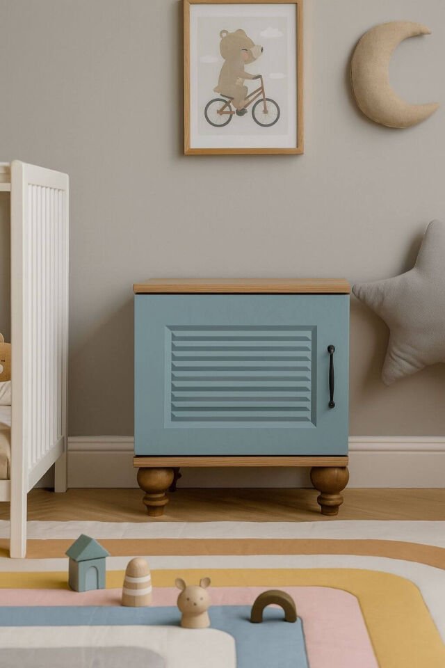 Mavi Komodin | MDF Gövde | Ağaç Ayaklar | Şık ve Fonksiyonel Genç Odası Komodini