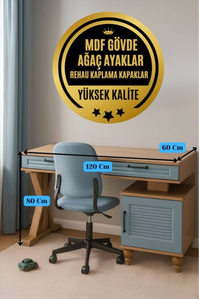 Mavi Çalışma Masası | MDF Gövde | Ağaç Ayaklar | Şık ve Ergonomik Genç Odası Masası