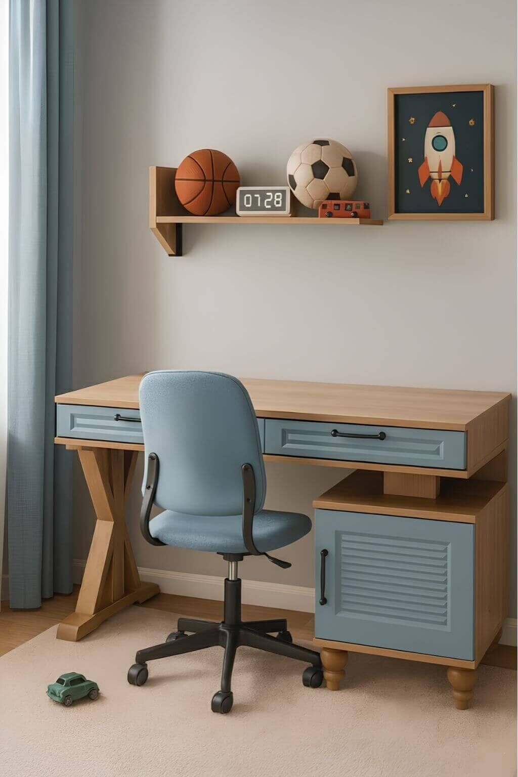 Mavi Çalışma Masası | MDF Gövde | Ağaç Ayaklar | Şık ve Ergonomik Genç Odası Masası