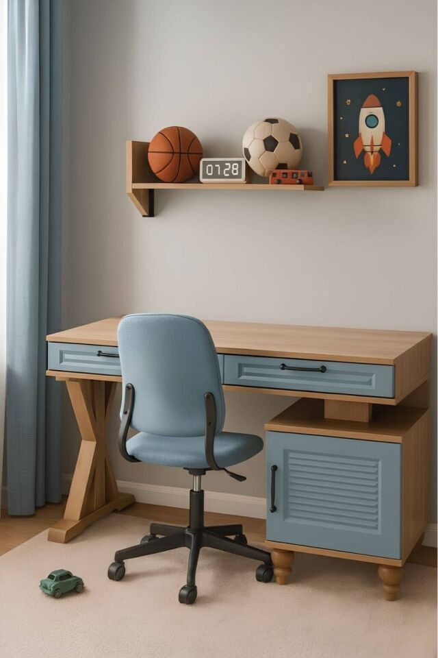 Mavi Çalışma Masası | MDF Gövde | Ağaç Ayaklar | Şık ve Ergonomik Genç Odası Masası