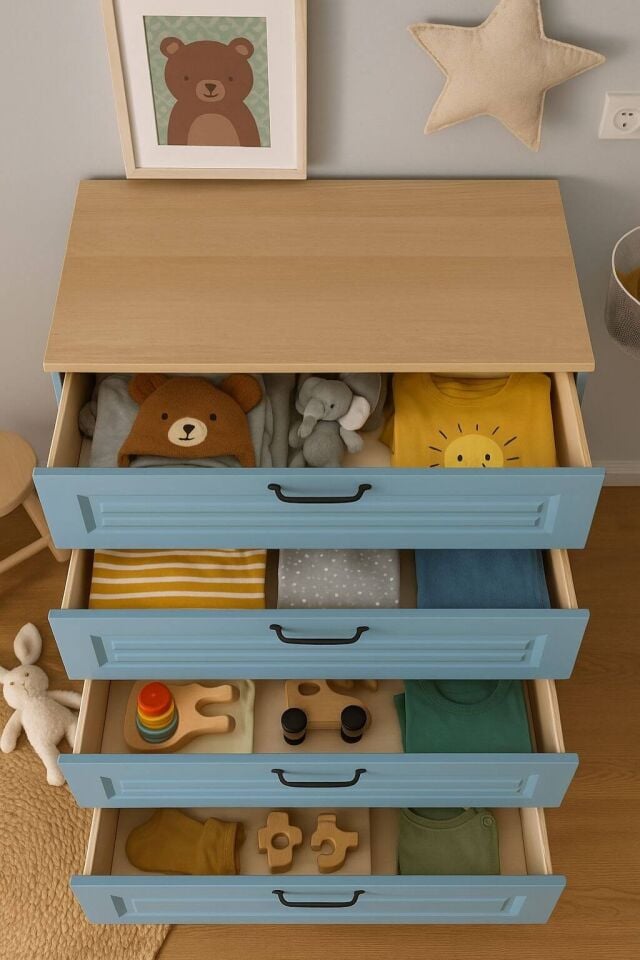 Mavi Çekmeceli Şifonyer | MDF Gövde | Ağaç Ayaklar | Şık ve Fonksiyonel Genç Odası Şifonyeri