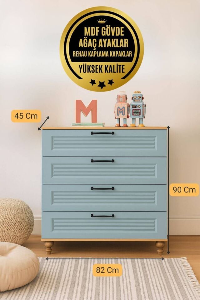 Mavi Çekmeceli Şifonyer | MDF Gövde | Ağaç Ayaklar | Şık ve Fonksiyonel Genç Odası Şifonyeri