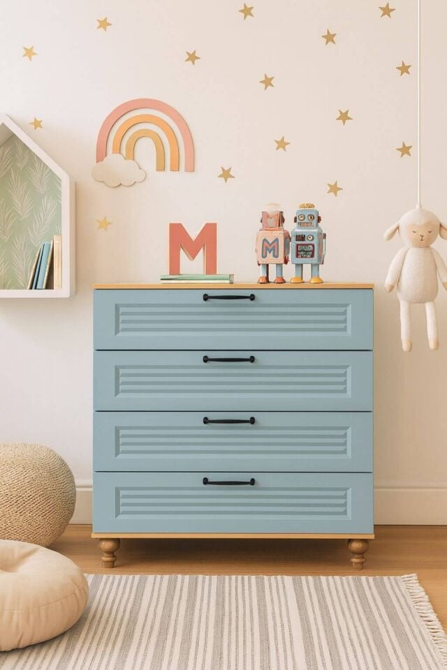 Mavi Çekmeceli Şifonyer | MDF Gövde | Ağaç Ayaklar | Şık ve Fonksiyonel Genç Odası Şifonyeri