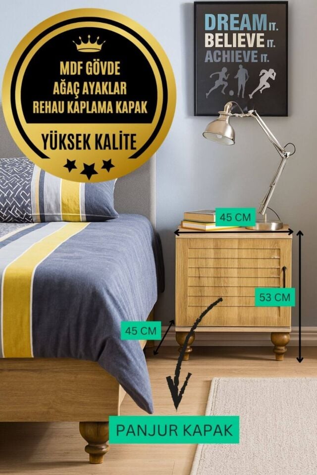 Pera Wood Komodin | MDF Gövde | Ağaç Ayaklar | Panjur Kapak | Şık ve Fonksiyonel Genç Odası Komodini
