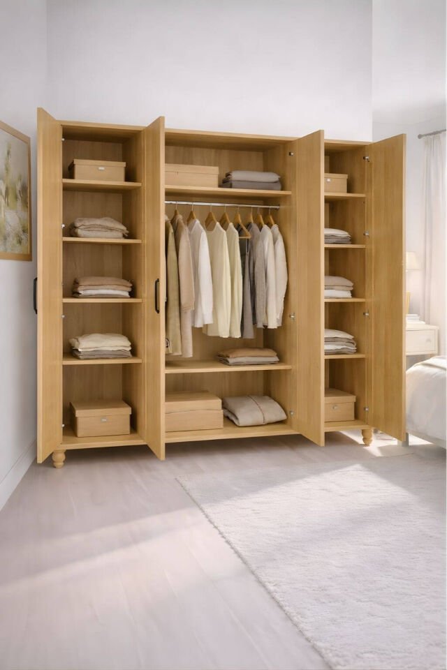 Pera Wood 4 Kapaklı Dolap | MDF Gövde | Ağaç Ayaklar | Panjur Kapaklı | Geniş ve Şık Genç Odası Dolabı