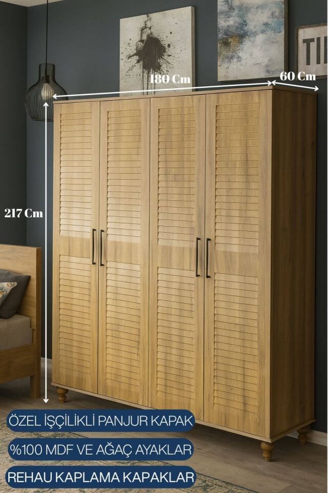 Pera Wood 4 Kapaklı Dolap | MDF Gövde | Ağaç Ayaklar | Panjur Kapaklı | Geniş ve Şık Genç Odası Dolabı
