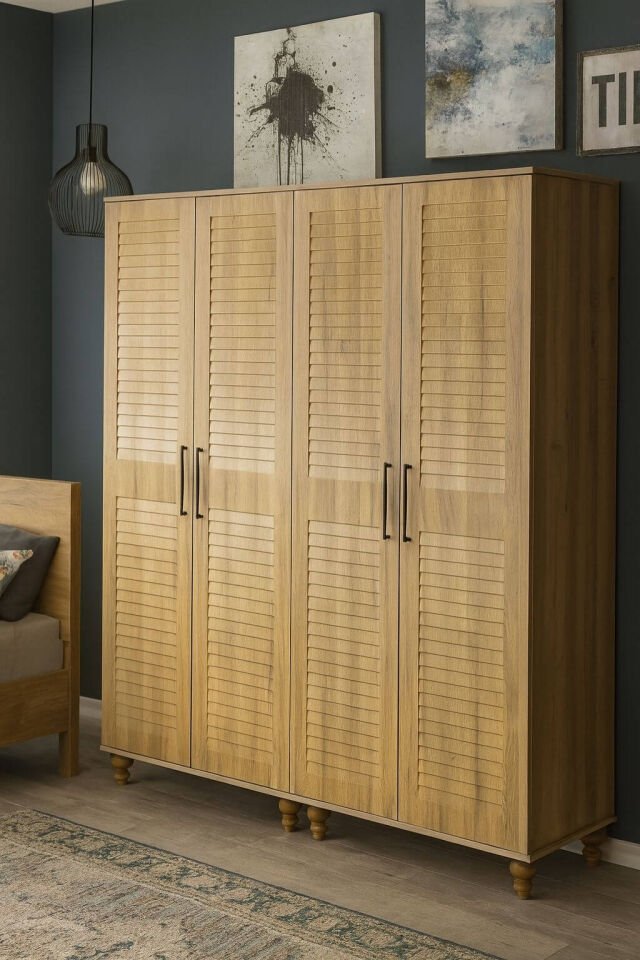 Pera Wood 4 Kapaklı Dolap | MDF Gövde | Ağaç Ayaklar | Panjur Kapaklı | Geniş ve Şık Genç Odası Dolabı