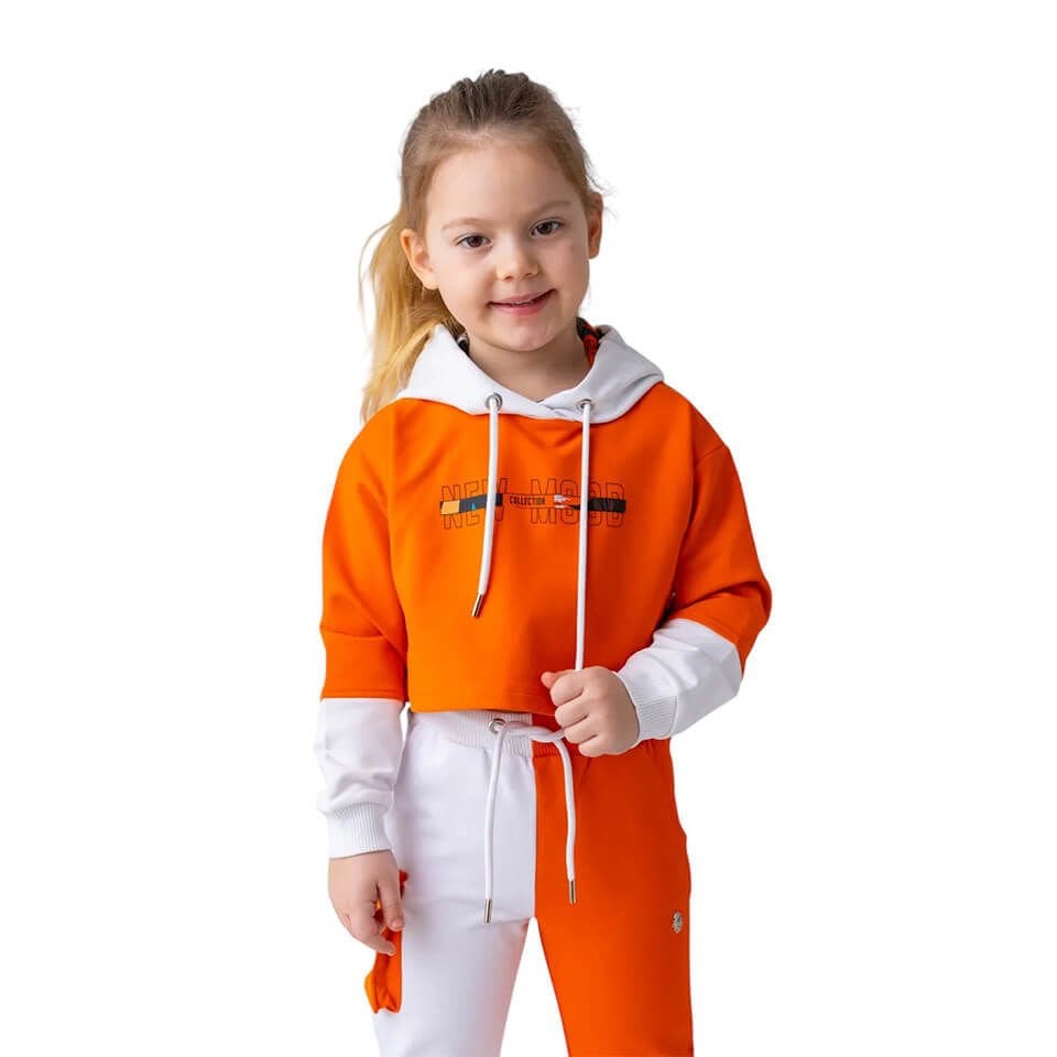 Kız Çocuk Crop Sweatshirt – Oranj | Kapüşonlu, Modern ve Spor Stil
