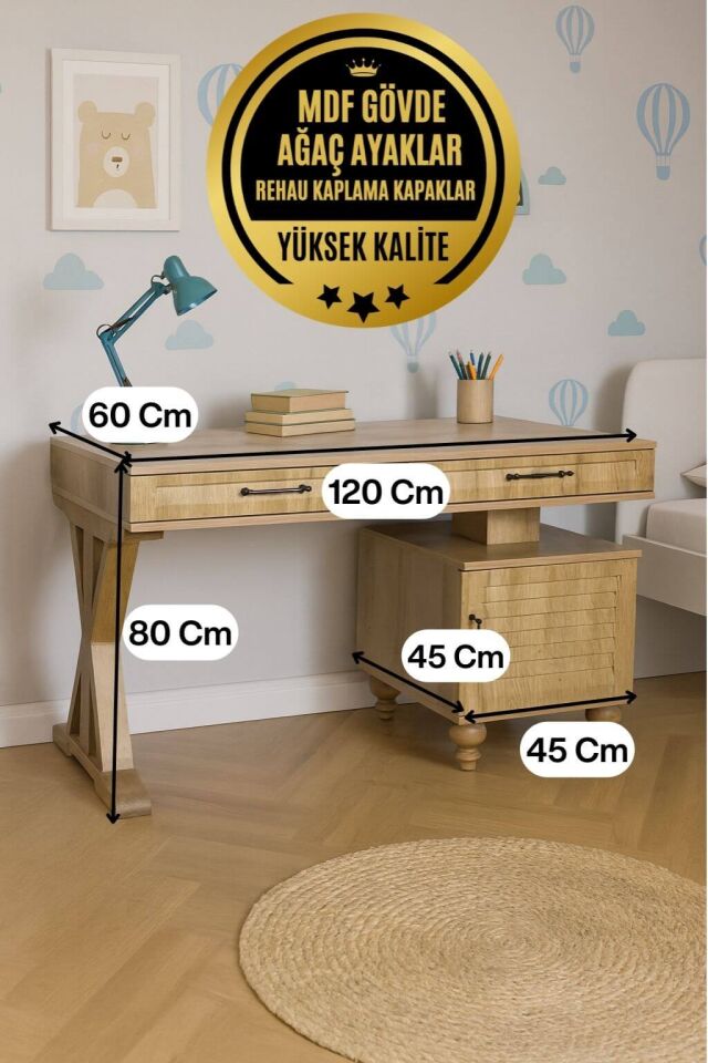 Pera Wood Çalışma Masası | MDF Gövde | Ağaç Ayaklar | Şık ve Ergonomik Genç Odası Masası