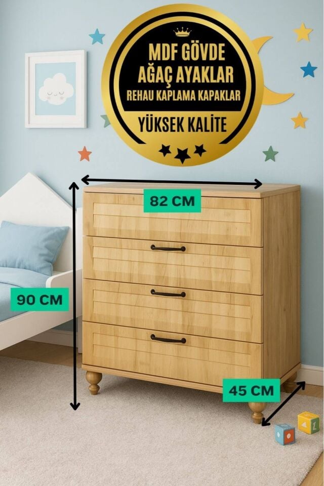 Pera Wood Çekmeceli Şifonyer | MDF Gövde | Ağaç Ayaklar | Şık ve Fonksiyonel Genç Odası Şifonyeri