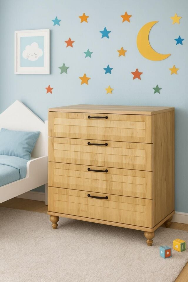 Pera Wood Çekmeceli Şifonyer | MDF Gövde | Ağaç Ayaklar | Şık ve Fonksiyonel Genç Odası Şifonyeri