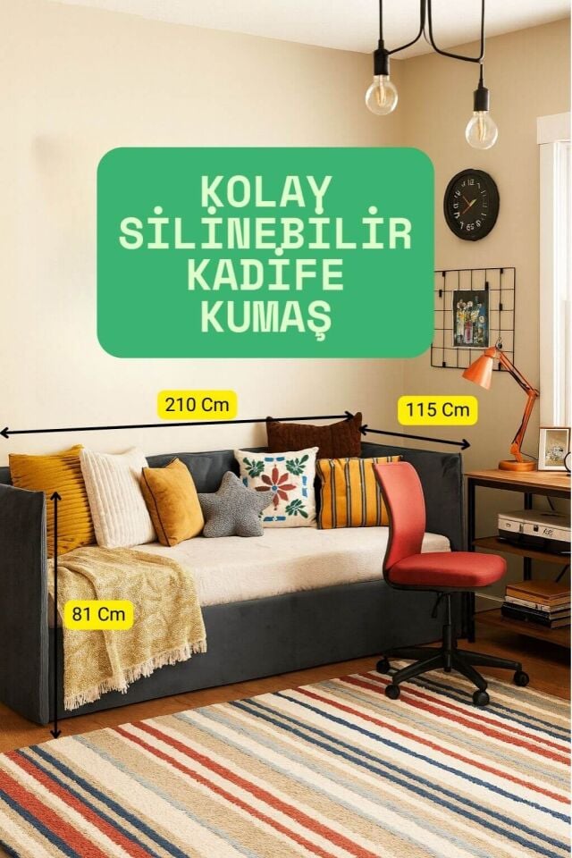 Ege Kadife Daybed | Sağlam Gövde |Estetik Görünüm | Yumuşak Dokulu Şık ve Fonksiyonel Genç Odası Yatak-Oturma Alanı