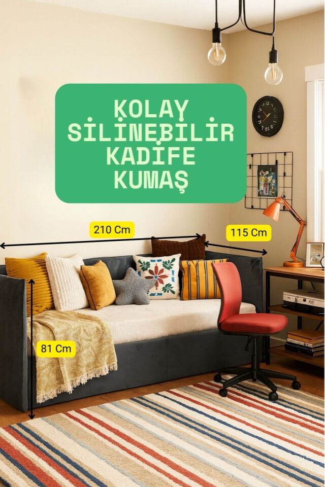 Ege Kadife Daybed | Sağlam Gövde |Estetik Görünüm | Yumuşak Dokulu Şık ve Fonksiyonel Genç Odası Yatak-Oturma Alanı