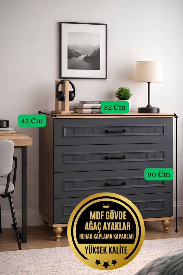 Ozan Çekmeceli Şifonyer | MDF Gövde | Ağaç Ayaklar | Şık ve Fonksiyonel Genç Odası Şifonyeri
