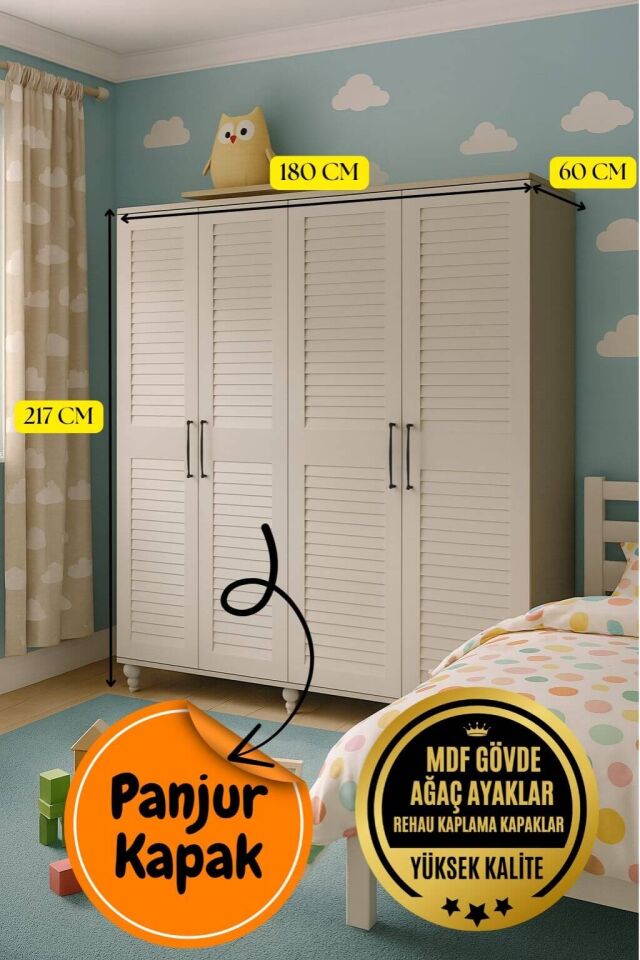 Pera 4 Kapaklı Dolap | MDF Gövde | Ağaç Ayaklar | Panjur Kapak | Geniş ve Şık Genç Odası Dolabı