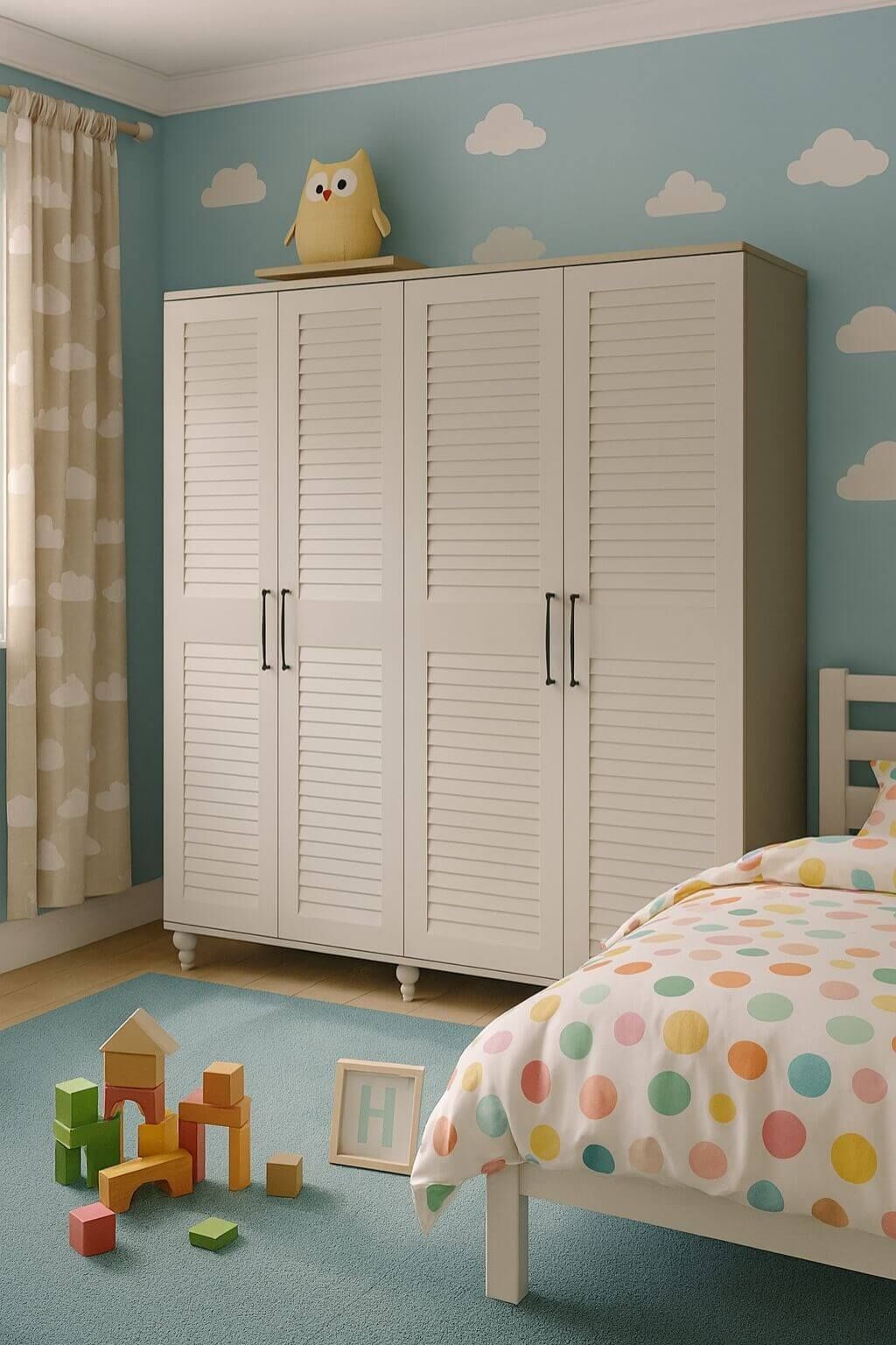 Pera 4 Kapaklı Dolap | MDF Gövde | Ağaç Ayaklar | Panjur Kapak | Geniş ve Şık Genç Odası Dolabı