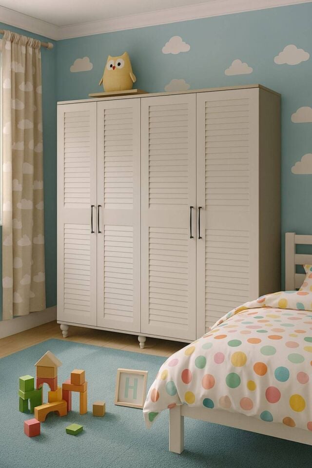 Pera 4 Kapaklı Dolap | MDF Gövde | Ağaç Ayaklar | Panjur Kapak | Geniş ve Şık Genç Odası Dolabı