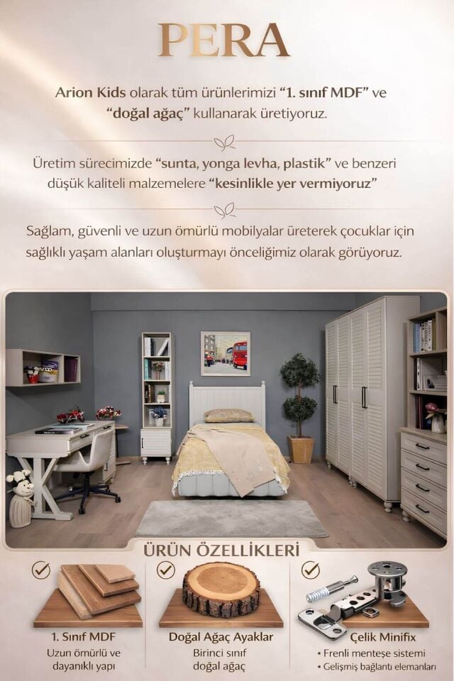 Pera 4 Kapaklı Dolap | MDF Gövde | Ağaç Ayaklar | Panjur Kapak | Geniş ve Şık Genç Odası Dolabı