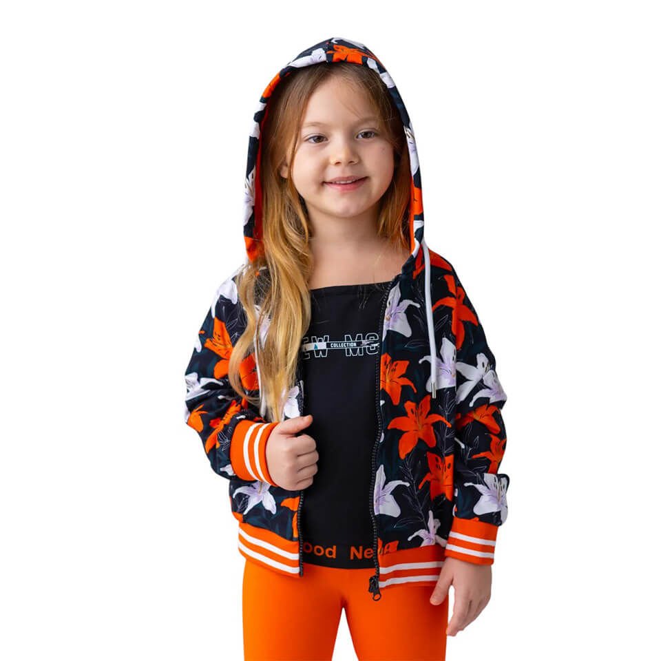 Kız Çocuk Çiçek Desenli Kapüşonlu Sweatshirt