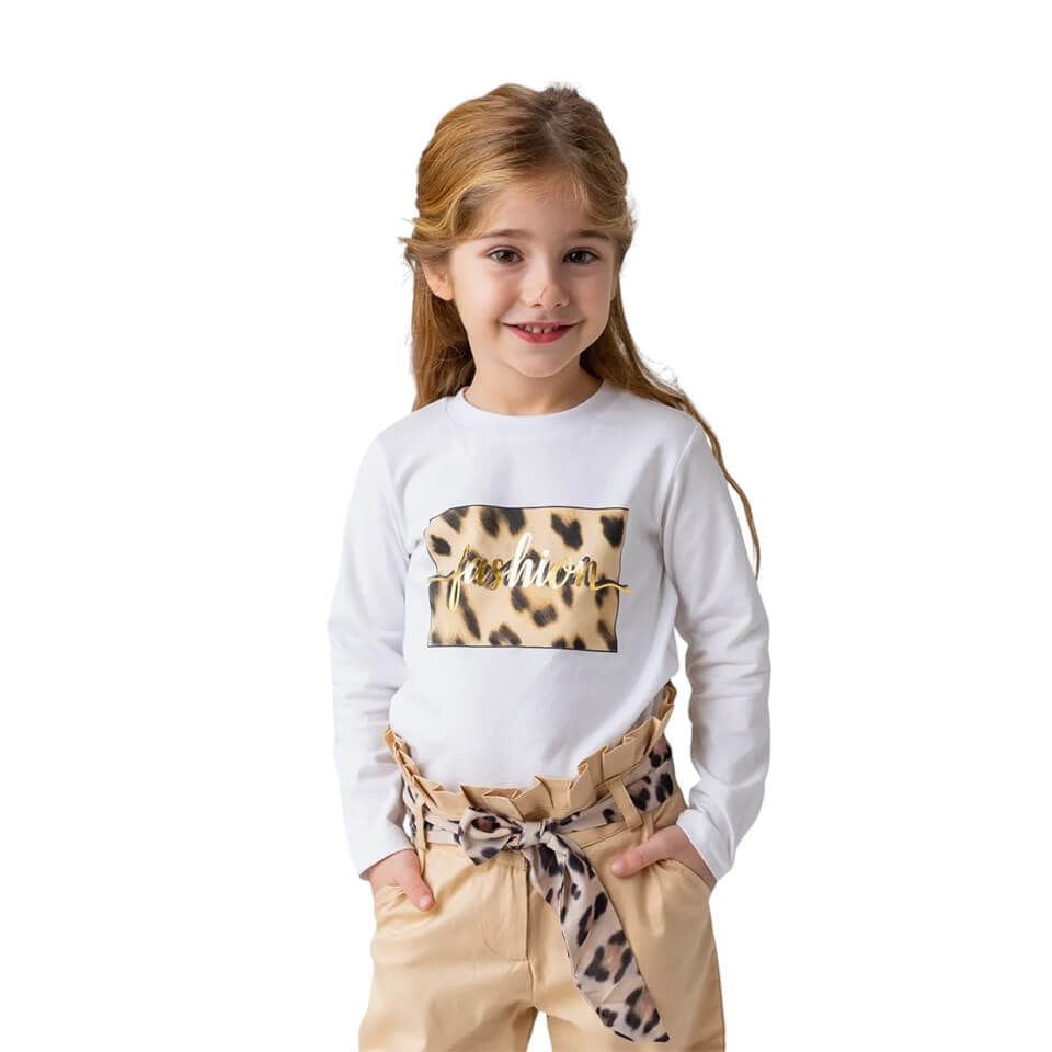 Kız Çocuk Leopar Baskılı Uzun Kollu T-shirt-Beyaz