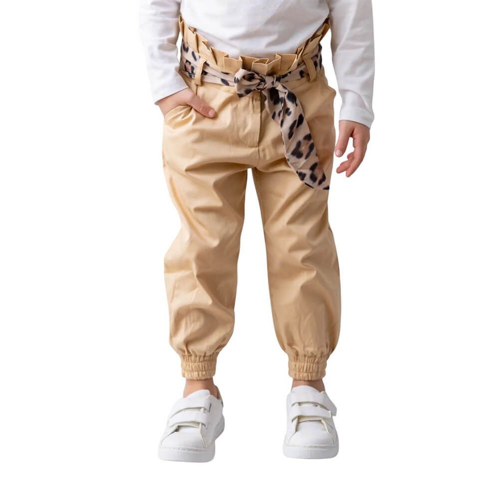 Kız Çocuk Jogger Pantolon – Bej | Beli Büzgülü, Rahat ve Modern Kesim