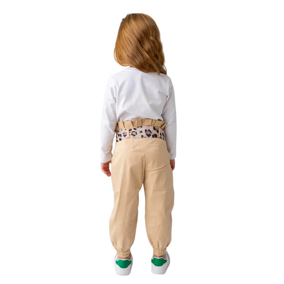 Kız Çocuk Jogger Pantolon – Bej | Beli Büzgülü, Rahat ve Modern Kesim