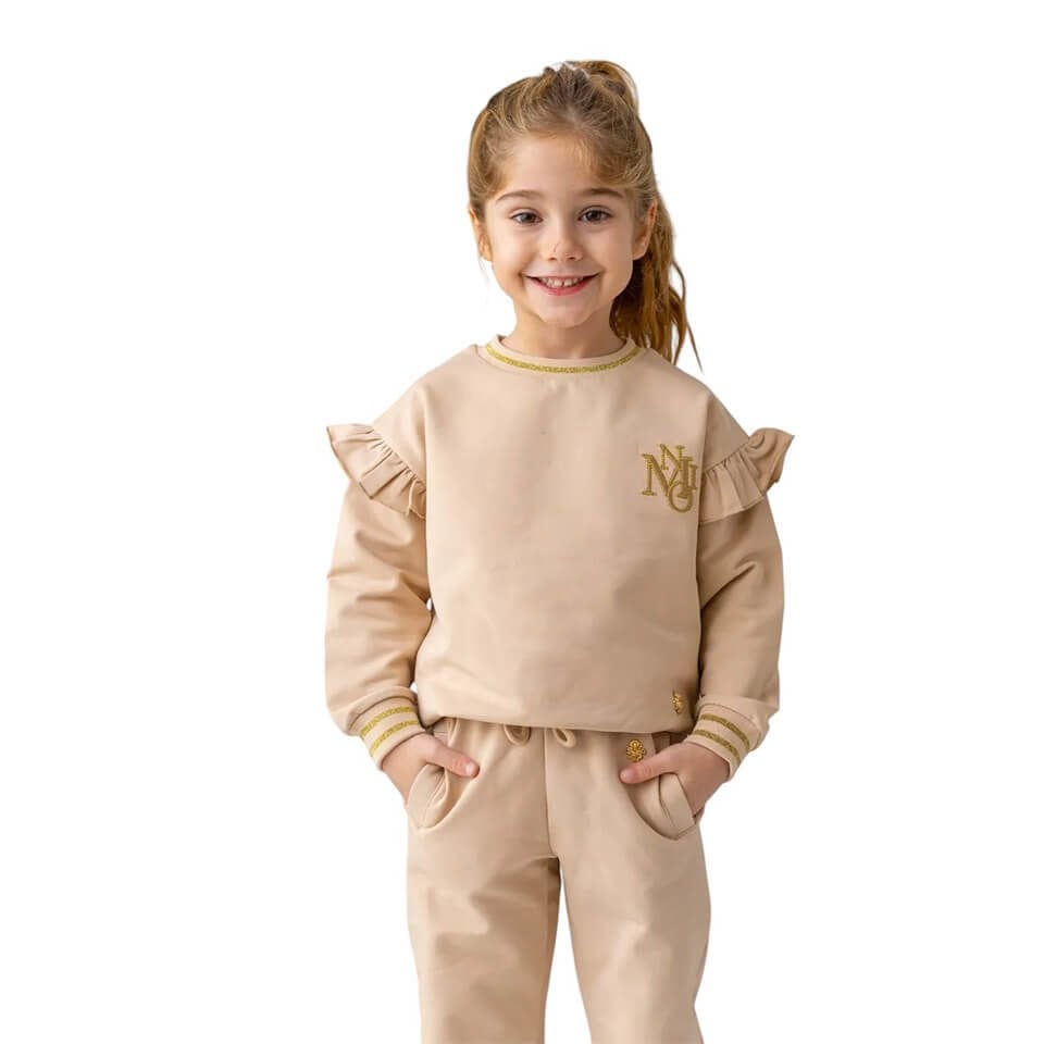 Kolları Fırfır Detaylı Sweatshirt – Bej | Kız Çocuklara Özel Zarif ve Rahat Model