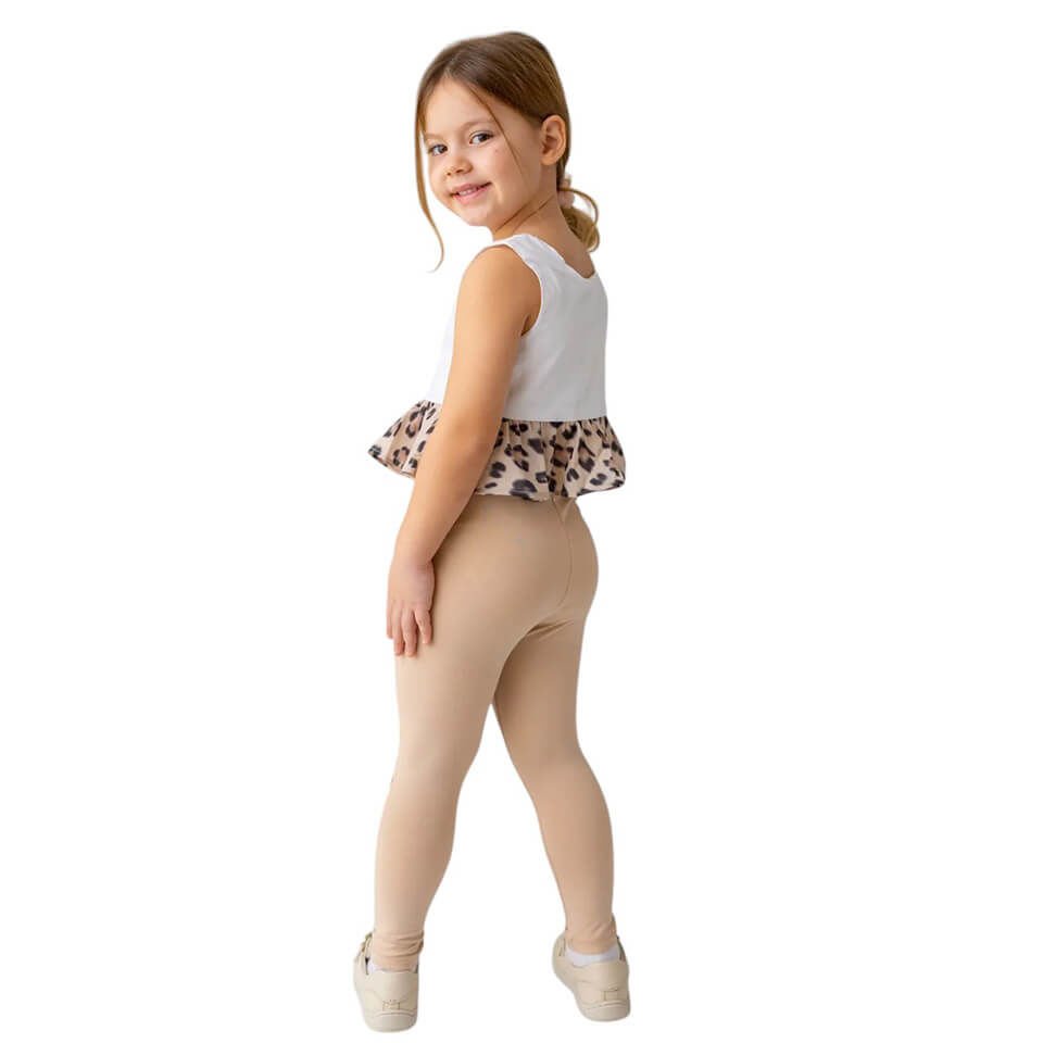 Bej Renk Nakışlı Tayt | Kız Çocuklar İçin Uzun ve Konforlu Günlük Giyim