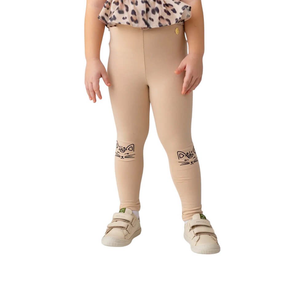 Bej Renk Nakışlı Uzun Tayt| Kız Çocuklar İçin Uzun ve Konforlu Günlük Giyim