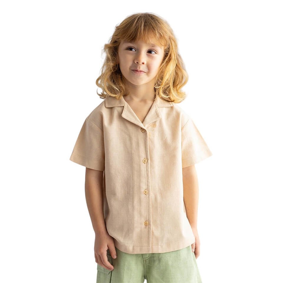 Bej Kısa Kollu Erkek Çocuk Gömlek | Nefes Alan Dokuma Kumaş ile Günlük Konfor