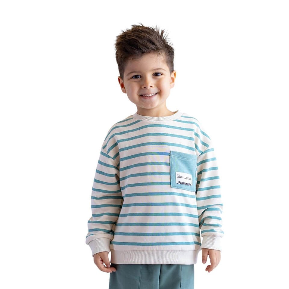 Çizgili Cep Detaylı Sweatshirt – Mint | Erkek Çocuklara Özel Şık ve Spor Stil