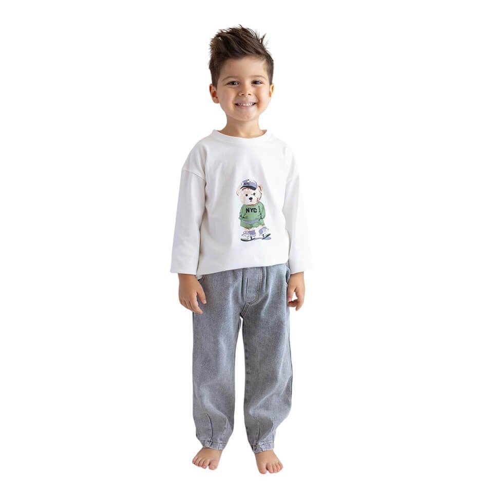 Erkek Bebek ve Çocuk Takım | Jean Pantolon + Baskılı Yeşil T-shirt | Günlük Kullanım