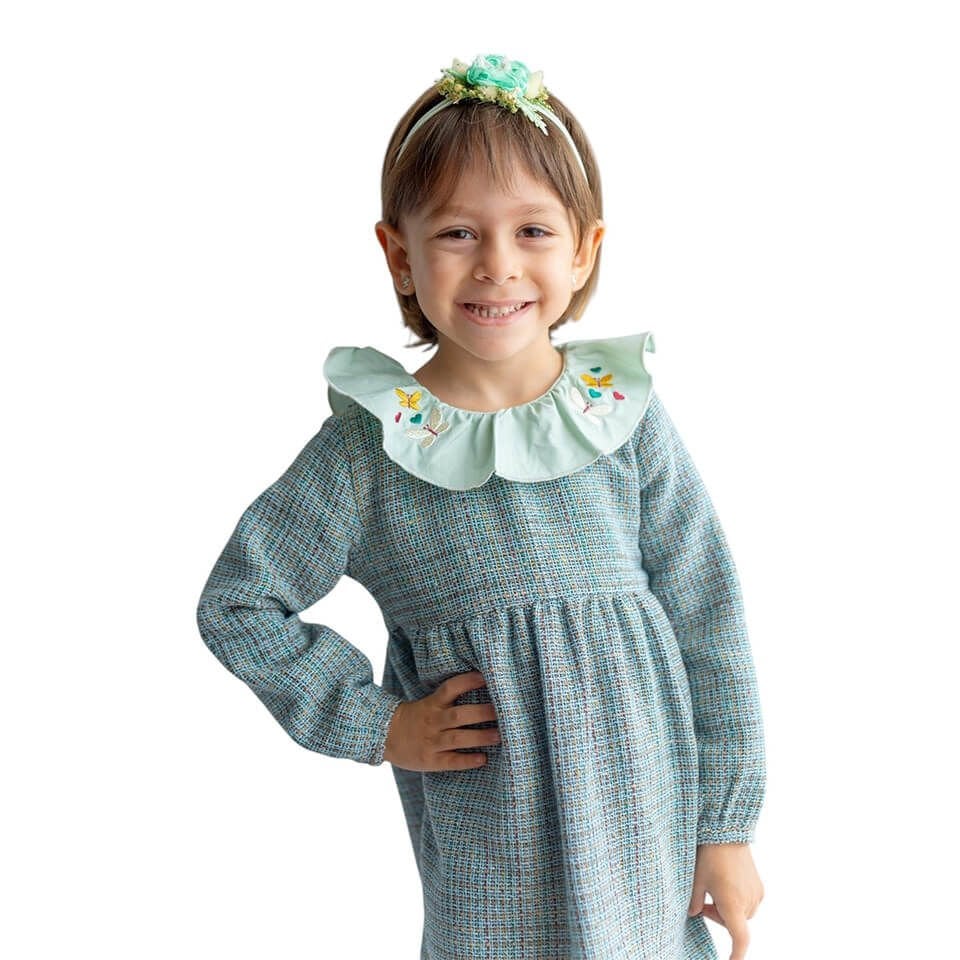 Kız Bebek & Çocuk Yaka Detaylı Elbise-Yeşil