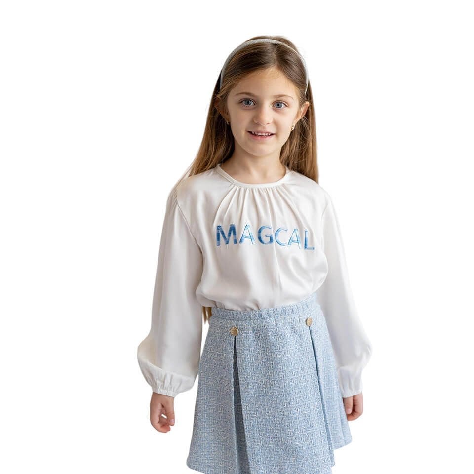 Kız Çocuk Nakış Detaylı Bluz | Ekru / Mavi Renk | Şık ve Zarif Tasarım