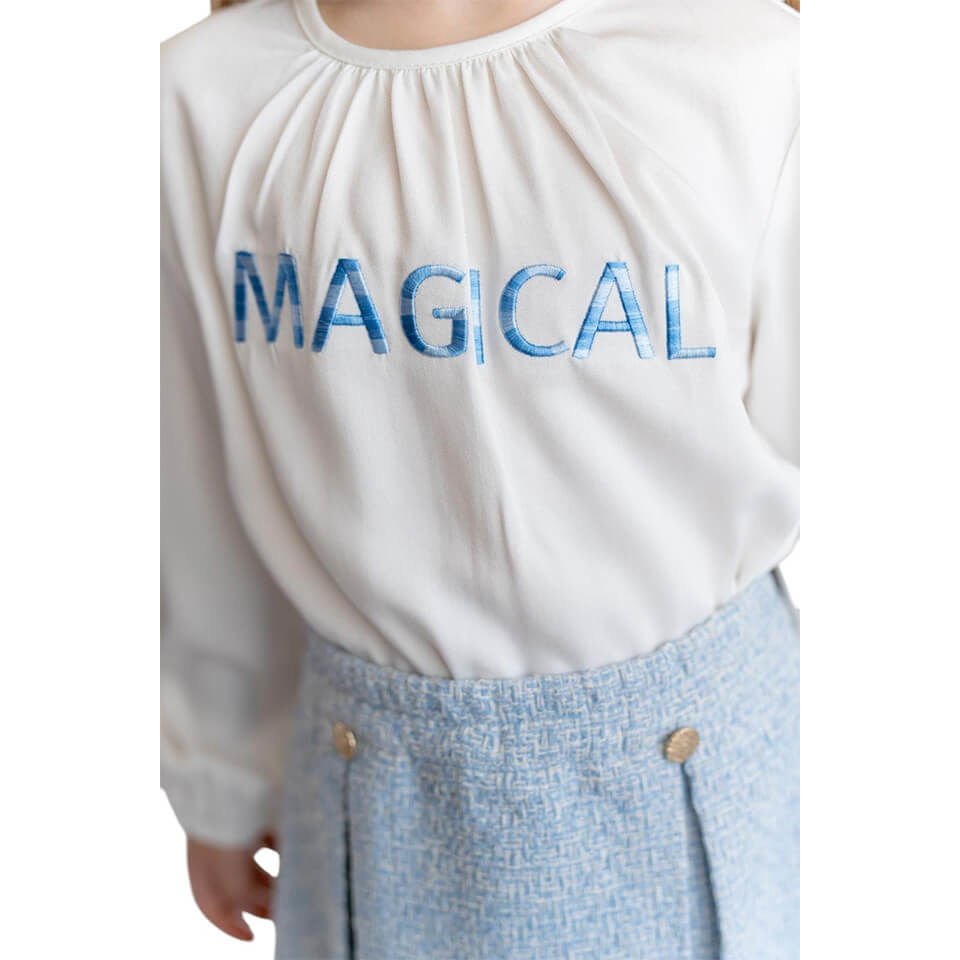 Kız Çocuk Nakış Detaylı Bluz | Ekru / Mavi Renk | Şık ve Zarif Tasarım