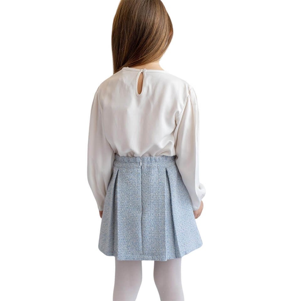 Kız Çocuk Nakış Detaylı Bluz | Ekru / Mavi Renk | Şık ve Zarif Tasarım