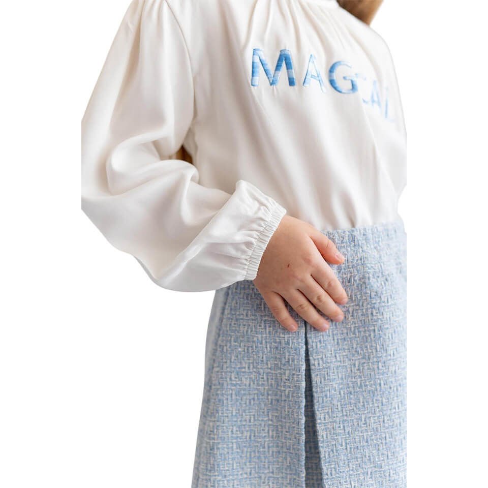 Kız Çocuk Nakış Detaylı Bluz | Ekru / Mavi Renk | Şık ve Zarif Tasarım