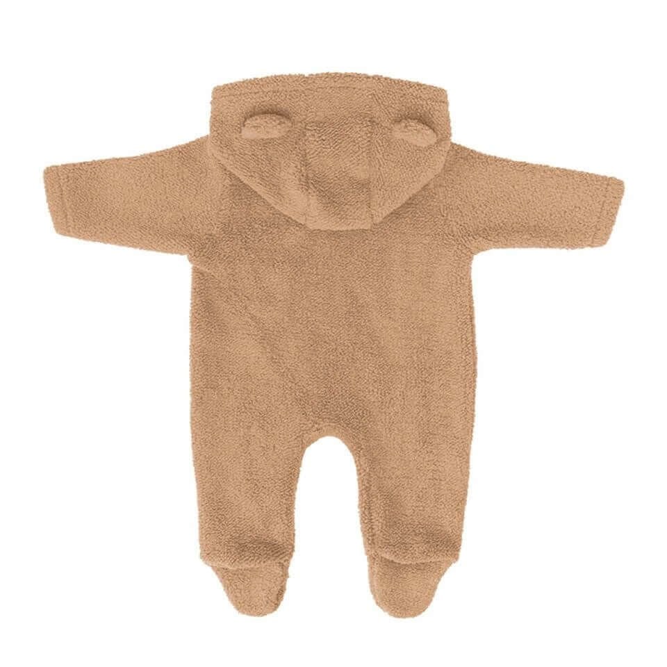 Ayı Kulaklı Kapüşonlu Peluş Tulum – Karamel | Sıcacık ve Yumuşak Bebek Kombini
