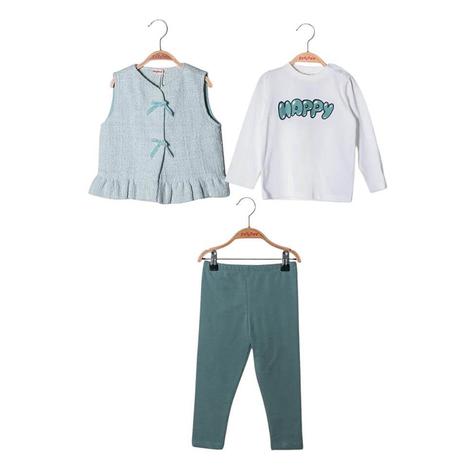 Yeşil Kız Bebek 3’lü Takım | Yelek + Bluz + Tayt | Günlük ve Özel Gün Kullanımı