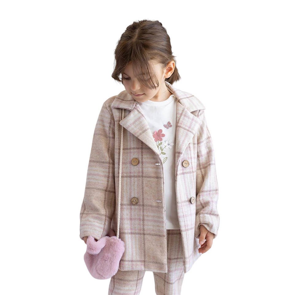 Kız Bebek Ekose Kaban | Peluş Çanta Aksesuarlı | Şık ve Sıcak Kışlık Model