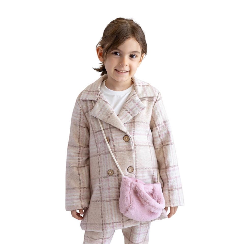 Kız Bebek Ekose Kaban | Peluş Çanta Aksesuarlı | Şık ve Sıcak Kışlık Model